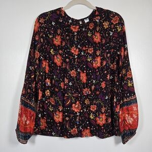 Old Navy Vibrant Boho Floral Smocked Gauze Long Sleeve Blouse Top Medium
